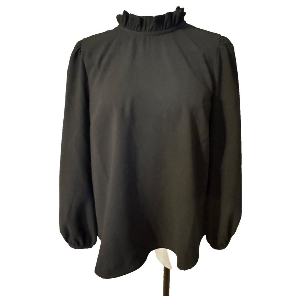 J Crew Top M Medium Black Ruffle Crew Neck Washable Long Sleeve Classic - Picture 2 of 12
